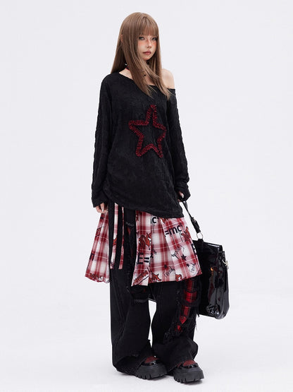 Black Distressed Holes Plaid Pattern Straight-leg Cut Jeans