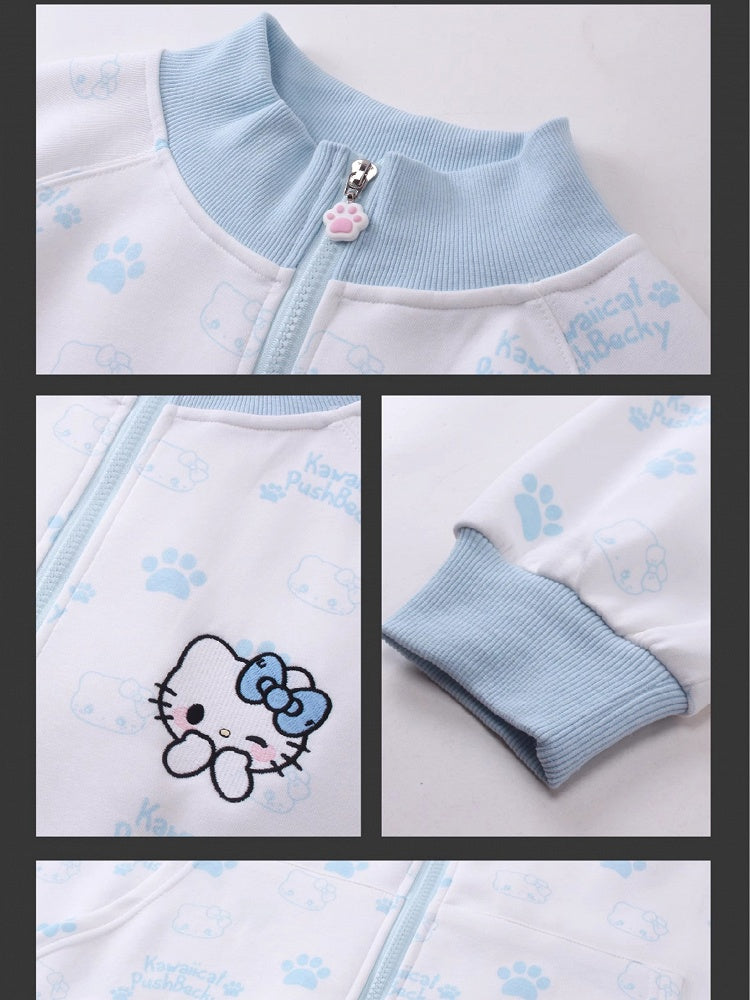 ブラック/ピンク/ライトブルーのキティ柄 ジップアップ スウェットシャツ