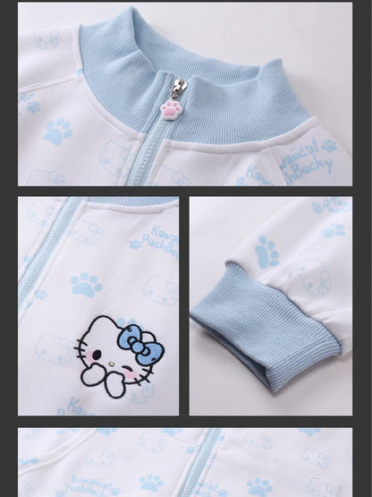 ブラック/ピンク/ライトブルーのキティ柄 ジップアップ スウェットシャツ