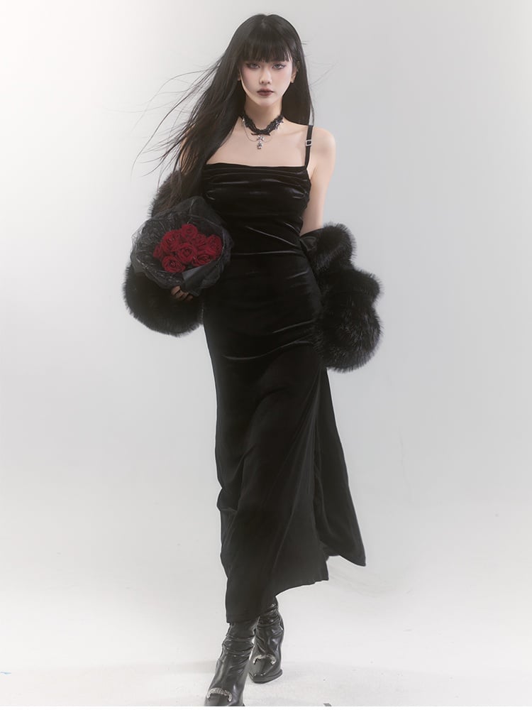 Black Velvet Side Slit Slip Dress