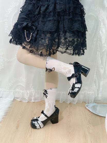 Cherry Blossom Round Toe Black Lolita Shoes with Lace & Bow - Hazelnut Bear