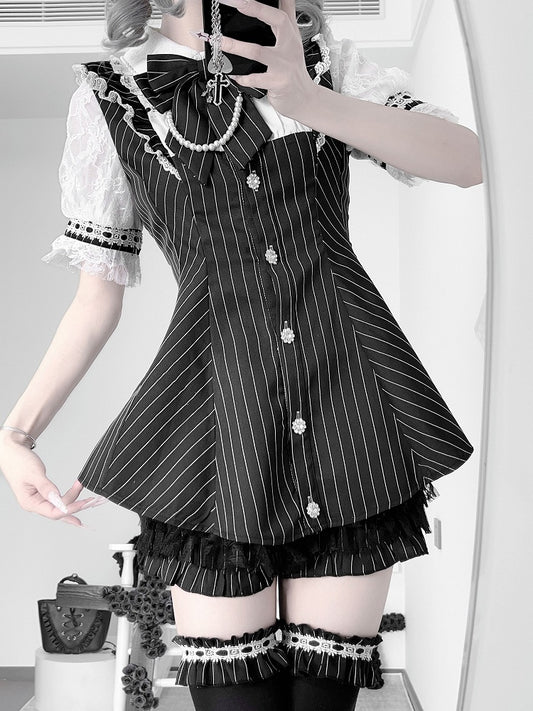 ミニドレス + ショートパンツ レースアップ バックネックライン イリュージョン + ブラック ストライプ ジライケイ セット - 蝶ネクタイ