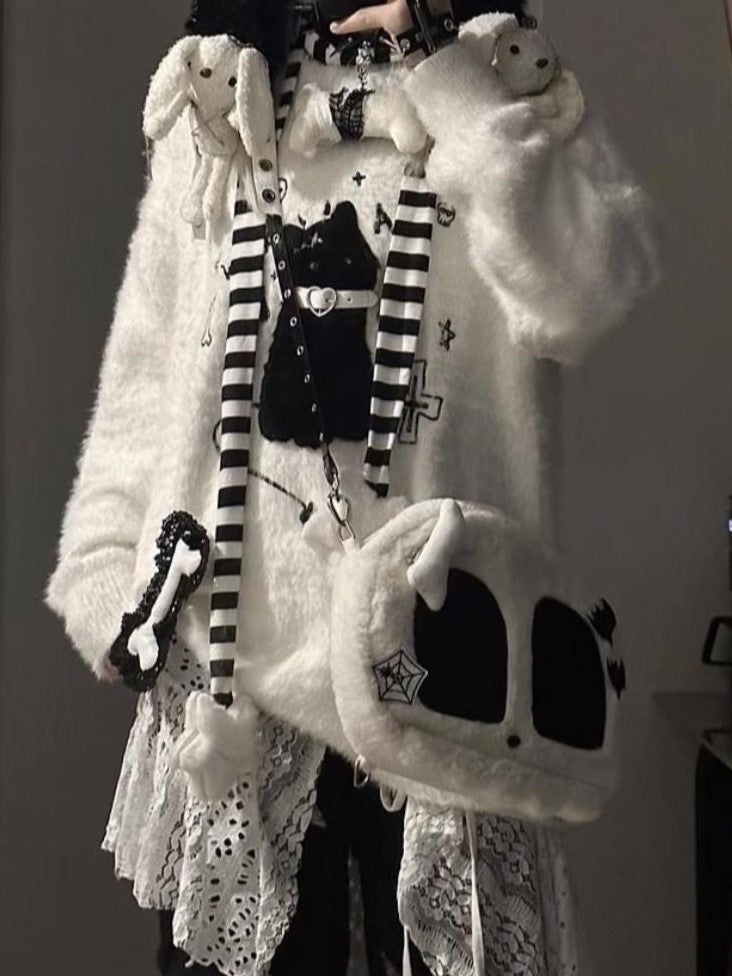 Detail Katzengürtel Pullover Kragen Strick Flockstickerei - Kawaii Weiß/Schwarz