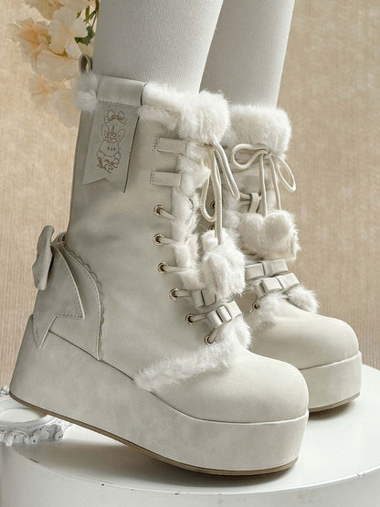 Fleece White Bow Sweet Lining Star Platform Boots Lolita Charm And Pompon Shoelaces for Heart Decor with Winter 4cm -