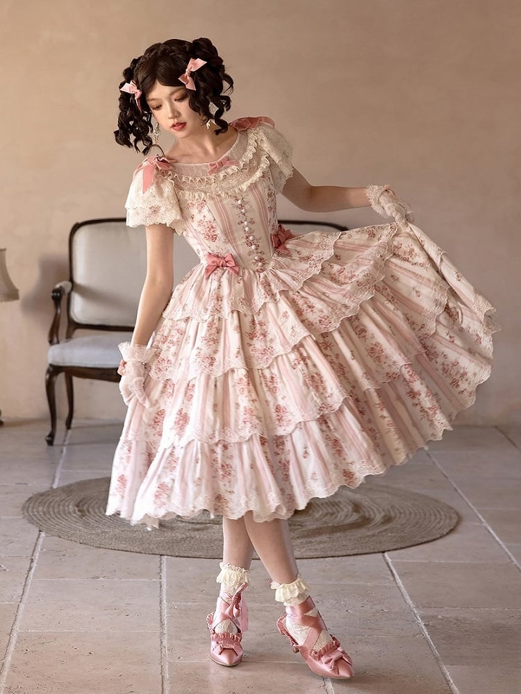 Accents Lolita PinkBeige Print Lace Stripe Bow Elegant Classic Floraland Dresswith Tiered Ruffle