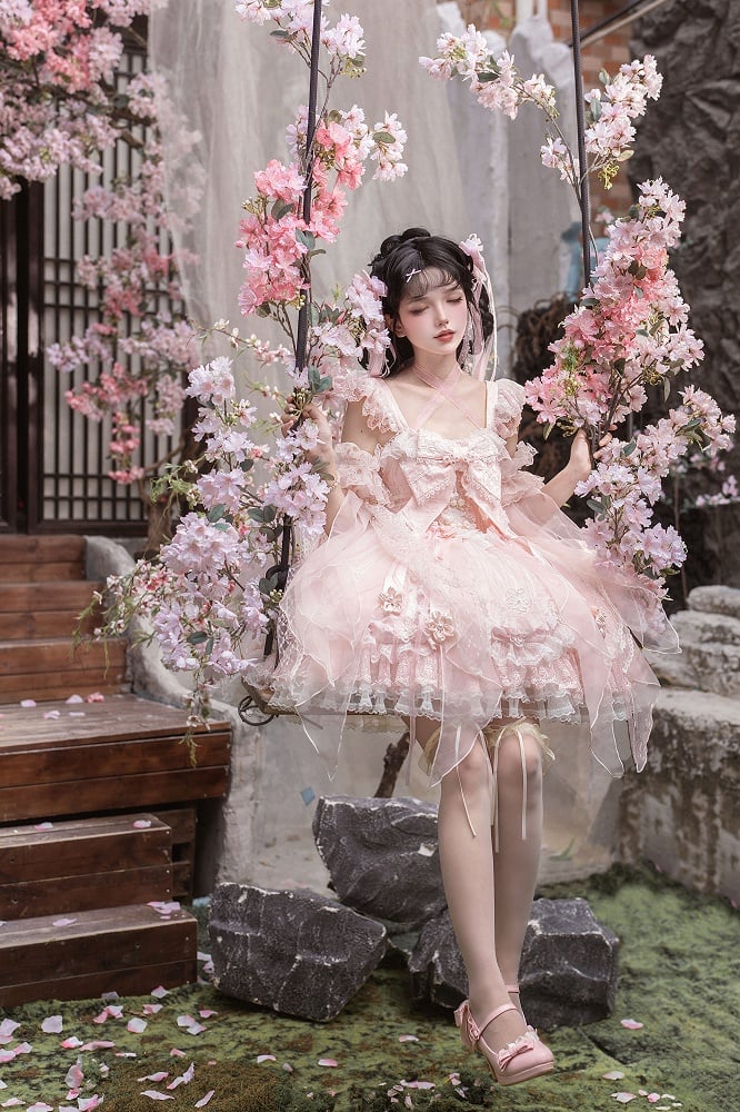 Sakura and Lolita Tassel Accents Dress Frog Button Chinoiserie with Pink JSK