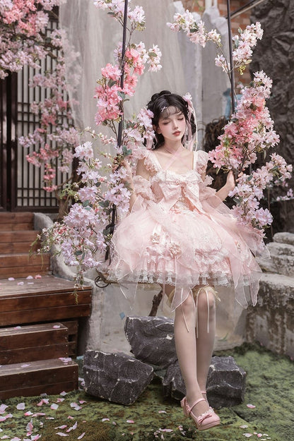 Sakura and Lolita Tassel Accents Dress Frog Button Chinoiserie with Pink JSK