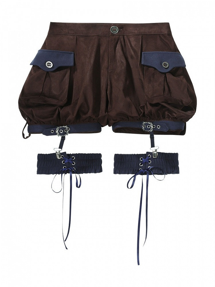 Brown Prince Style Metal Buckle Shorts with Lace-Up Leg Rings - Unknown Star