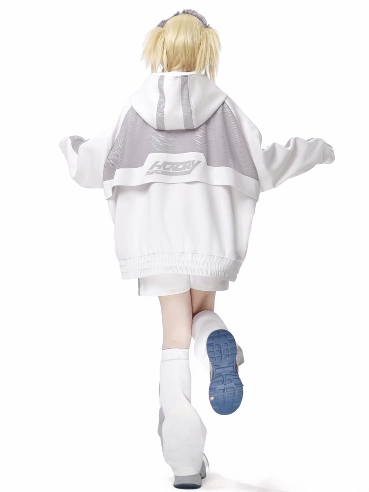 Weißer und grauer Mesh-Kapuzenpullover mit Reißverschluss Jirai Kei Sweatshirt