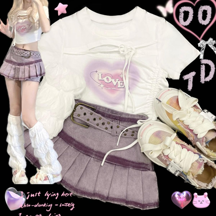 ホワイト スウィートハートプリント ドローストリング クロップドトップ