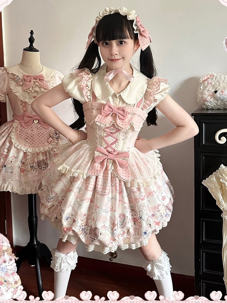 Sweet Bubble JSK Dress with Pink Bunny Cake Print, Lace & Bow Accents - Rose Weaving Poetry