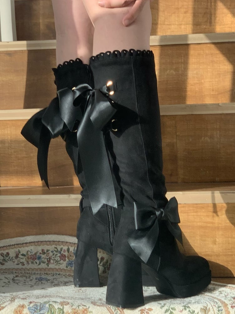 Boots Bow Accents High Heel Zipper Suede Black Inner Block Side with Elegant Lolita
