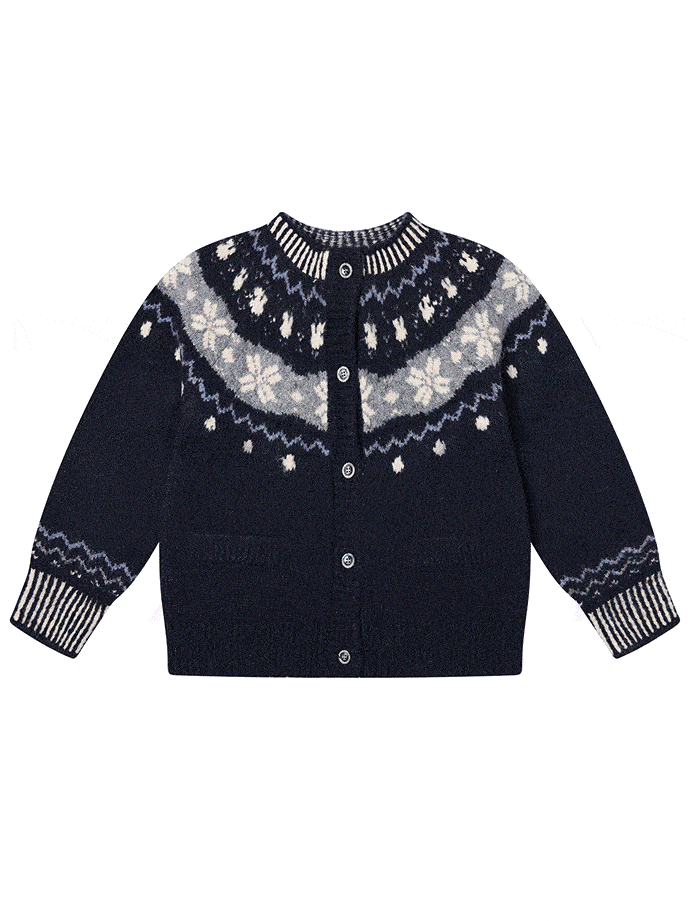 Navy Knit with Blend Premium Fair Isle Cardigan Blue Wool