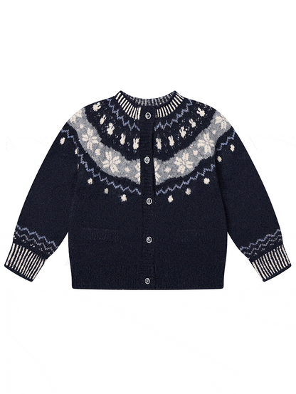 Navy Knit with Blend Premium Fair Isle Cardigan Blue Wool