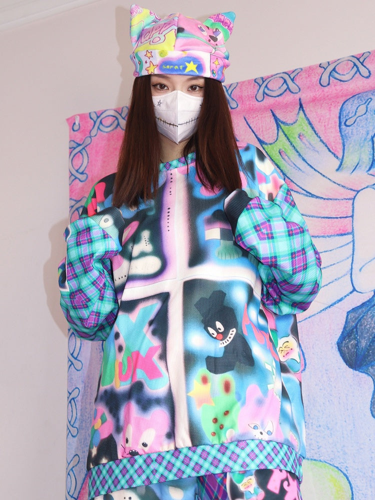 Blau/Rotes Sweatshirt mit Gyaru-Karomuster und Cartoon-Modedruck