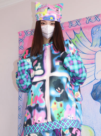 Blau/Rotes Sweatshirt mit Gyaru-Karomuster und Cartoon-Modedruck