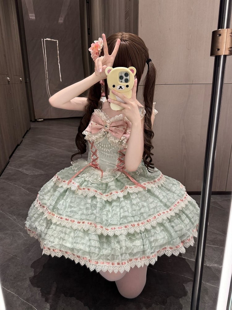 JSK Details with Lace-up Lolita Dress Bow Accent Green Chain Bead