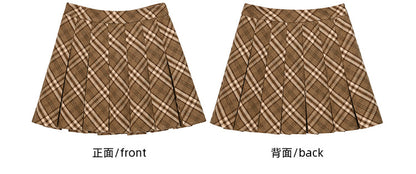 Brown High Waist Plaid Box Pleat Skirt
