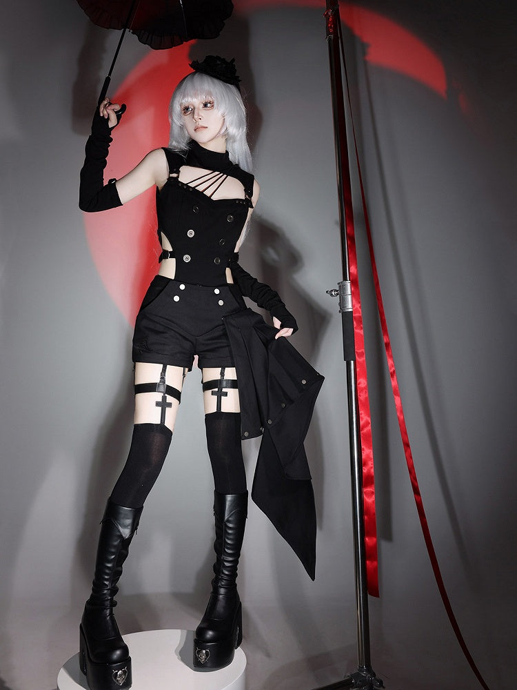 Gothic Lolita Black Top with Asymmetrical Design, Metal Buckle Detail, Shorts and Wrist Cuffs Set - Unknown Star