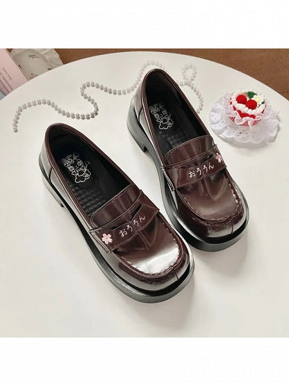 with Blossom Heel Cherry Uniform Embroidery Brown Shoes Style 3 School Options