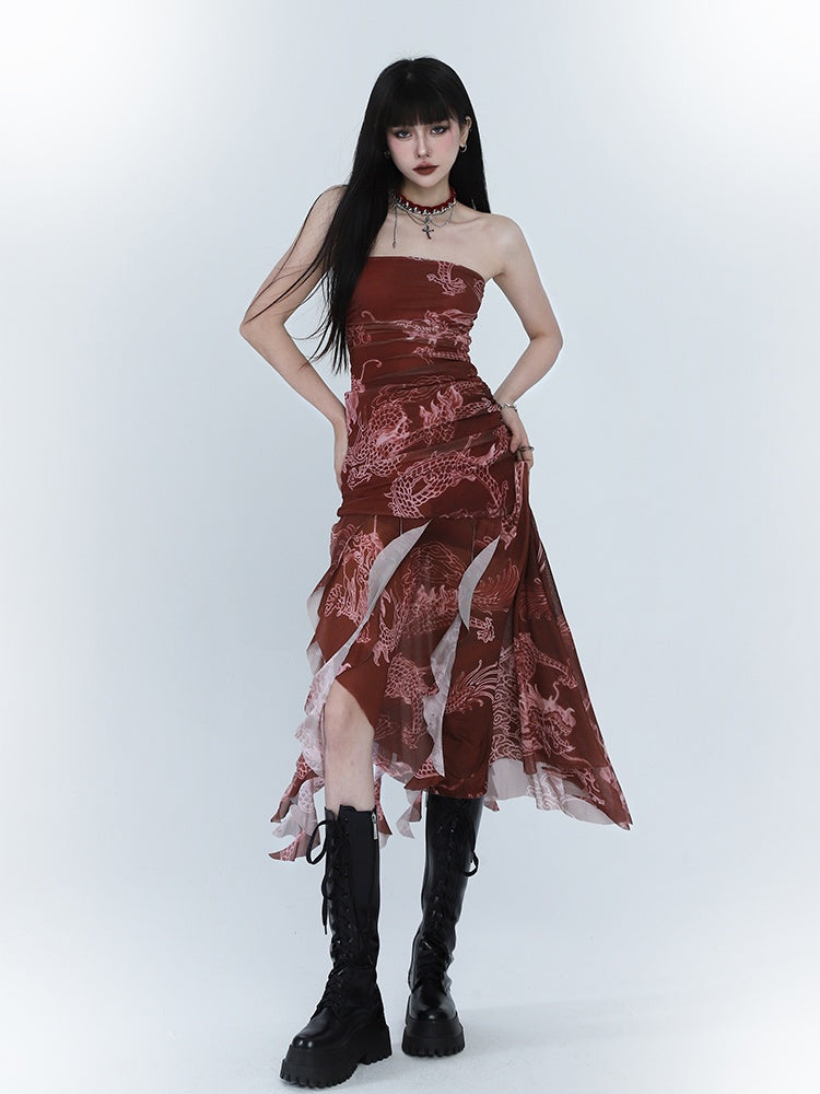 Red Dragon Print Asymmetrical Hem Slim-fitting Dress