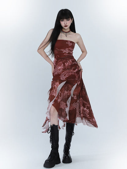Red Dragon Print Asymmetrical Hem Slim-fitting Dress