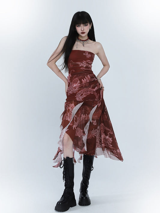 Red Dragon Print Asymmetrical Hem Slim-fitting Dress