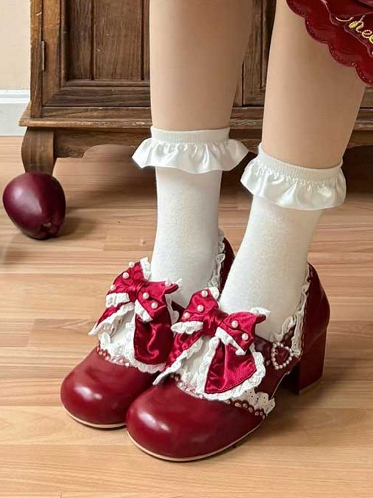 Embellished Bow Sweet Accent Red Leather PU Beads Trim Heels in Lace Mid