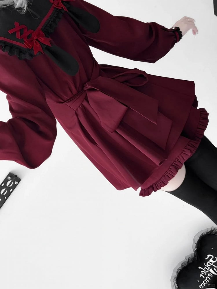 Kei-Ohren, Jirai, rotes Set – Schleifendesign auf der Rückseite + weinrotes Minikleid + Shorts mit Rüschensaum, Krawatte, Matrosenkragen, Hase