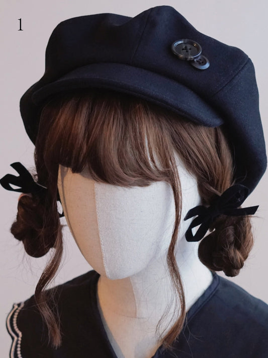 Black Button Decorated Hat Beret