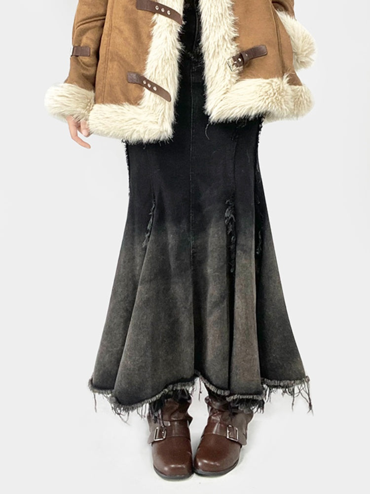 Millard Fashion – Denim-Meerjungfrauenrock mit Farbverlauf und Distressed-Besatz in Schwarz