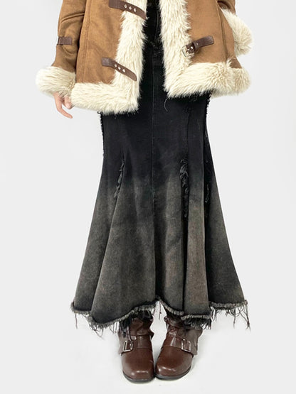 Millard Fashion – Denim-Meerjungfrauenrock mit Farbverlauf und Distressed-Besatz in Schwarz