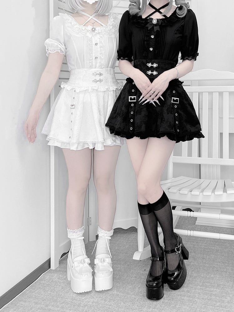 Techwear Style Jirai Kei Knot Skirt White with Cheongsam Buttons Jacquard