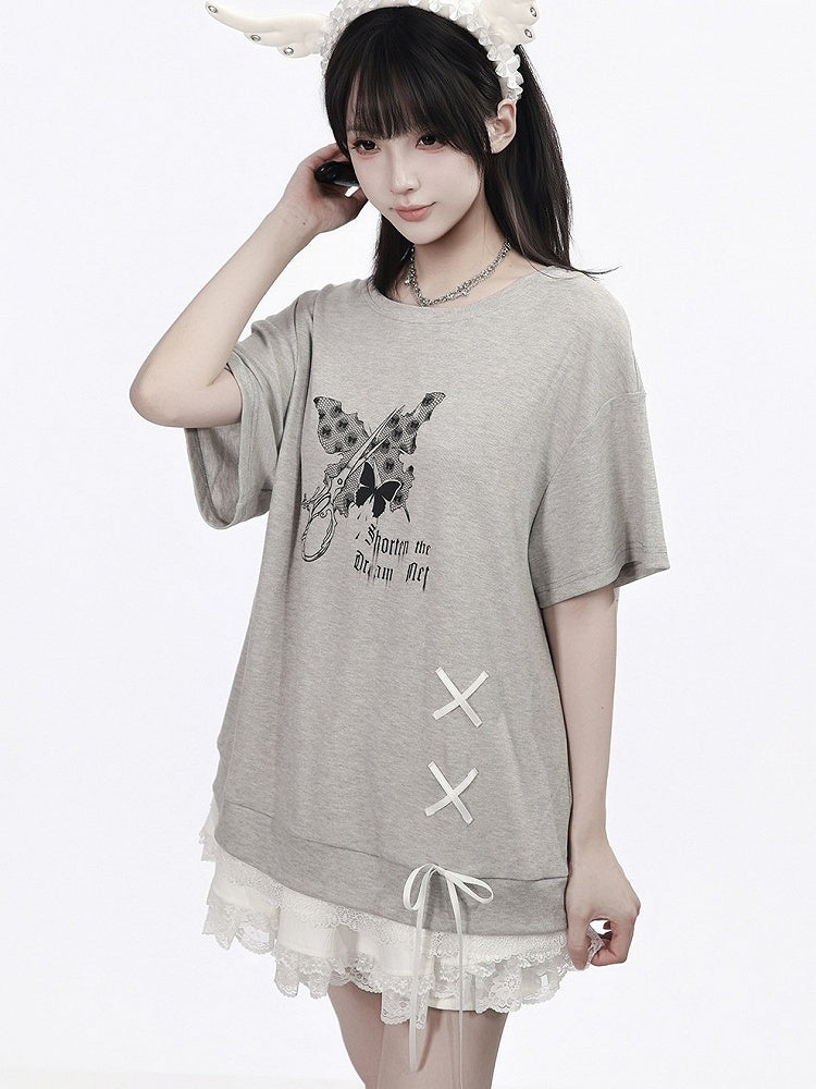 Gray Butterfly Round Neck Top with Lace & Ribbon - PINK SAVIOR