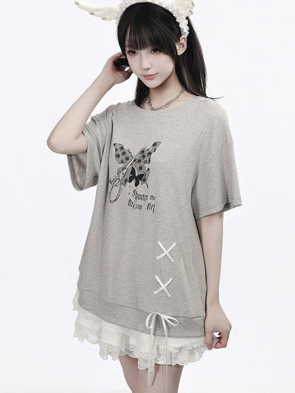 Gray Butterfly Round Neck Top with Lace & Ribbon - PINK SAVIOR