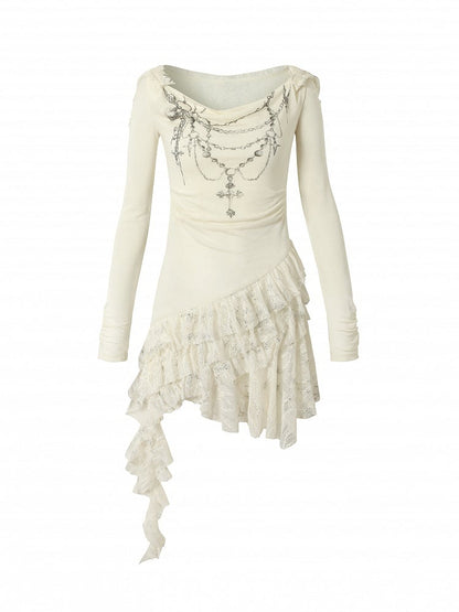 Print Hood Lace Cross Hem Tiered Punk with Asymmetric Apricot Dress