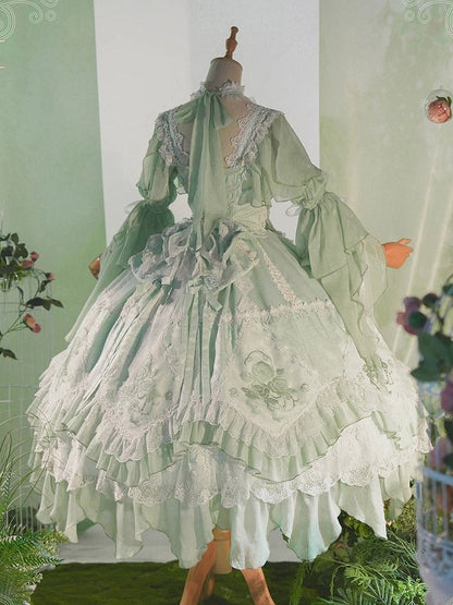 Green Accents Hanayome Ruffles Long Rose Version Layered Dress Light Lolita JSK with Flowing