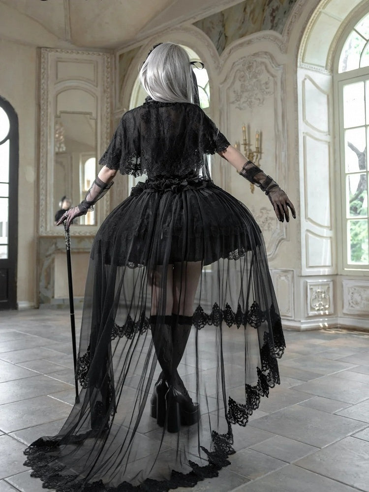 Black Lolita Dress Set with Basque Waist and Lace-Up - Airfreeing