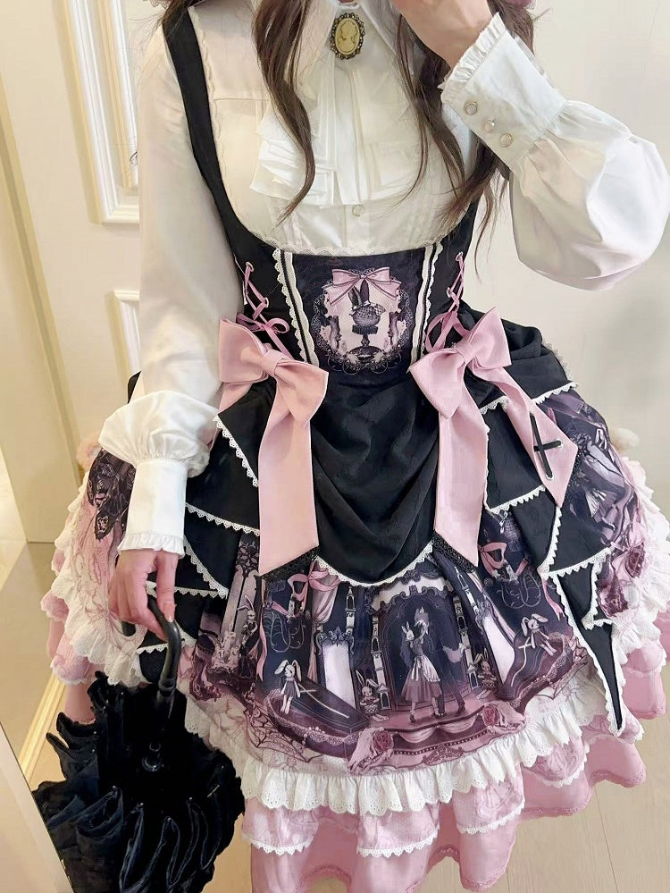 Süßes Lolita-Kleid mit Hasen- und Sargmotiv in Schwarz und Rosa