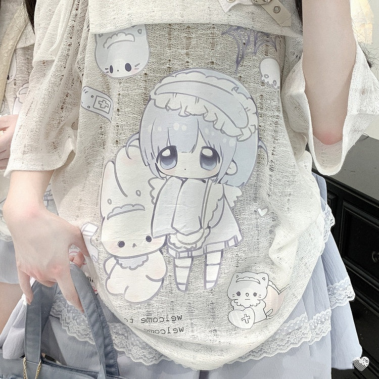 Schulterfreier Ausschnitt, weißer Jirai-Kawaii-Cartoon-Yami-Print