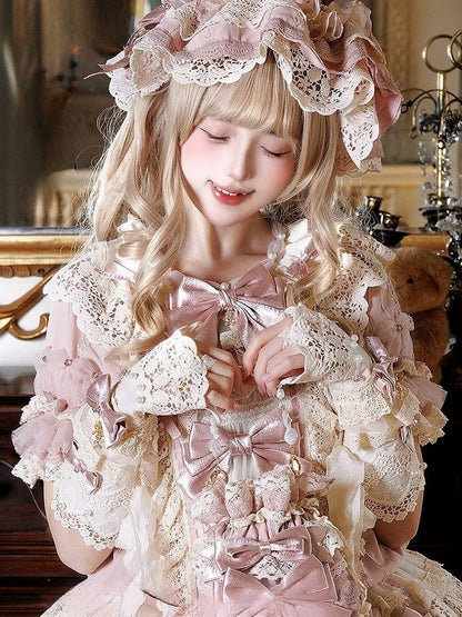 Wrist and Beads Beige Lolita with Cuffs Pink Sweet Bows