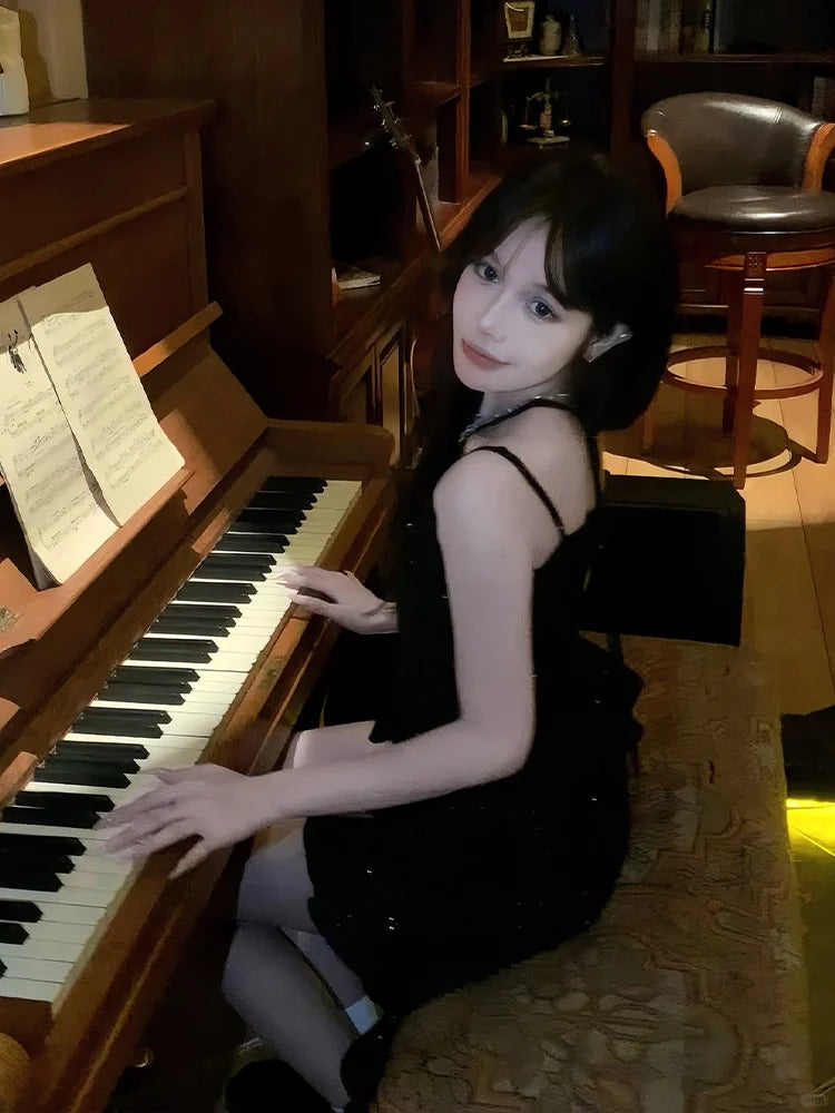 Tiered High-Low Skirt Neckline Black Sweetheart Sequins Slip Dress Ruffles