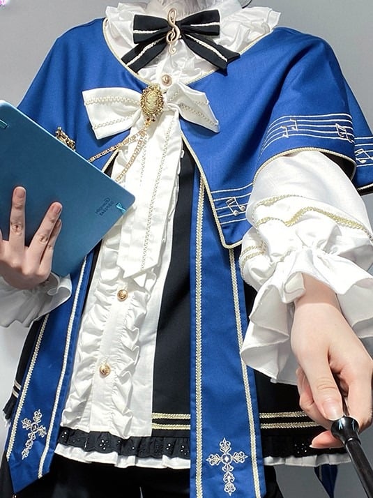with and Top Set Musical Note Lolita Capelet + White Ouji Embroidered Blue Full Shorts