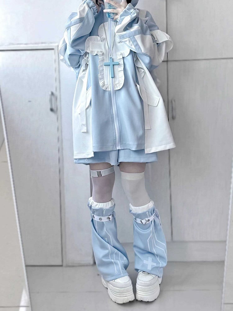 Tenshi Kaiwai Light Blue Yami Kawaii Cross Cat Ear Hoodie Shorts Leg Warmers Set