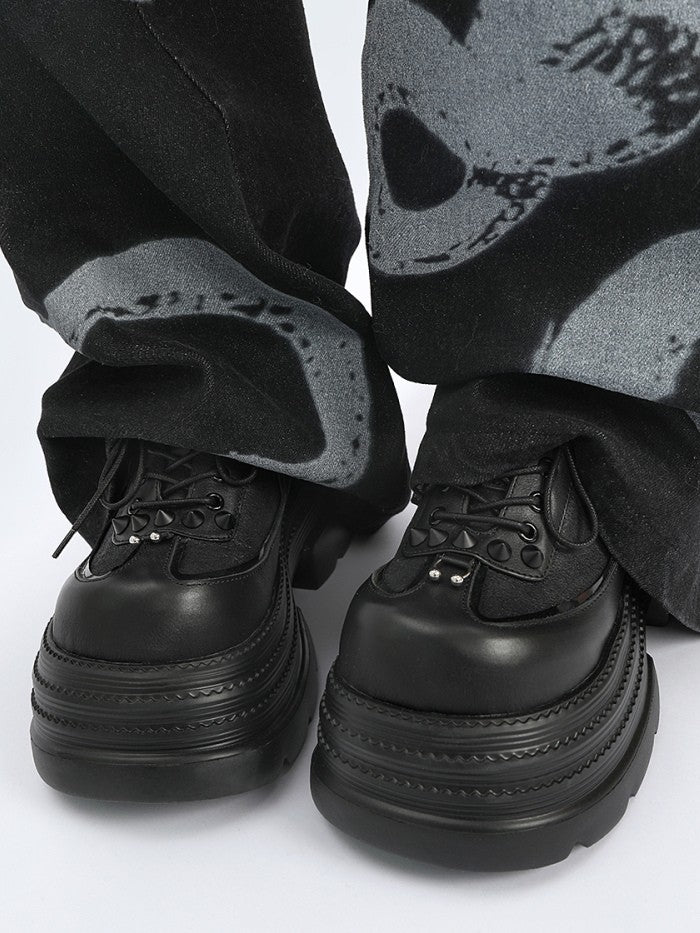 Platform Closure Design Shoes Black Lace-up Accents Stud with Punk