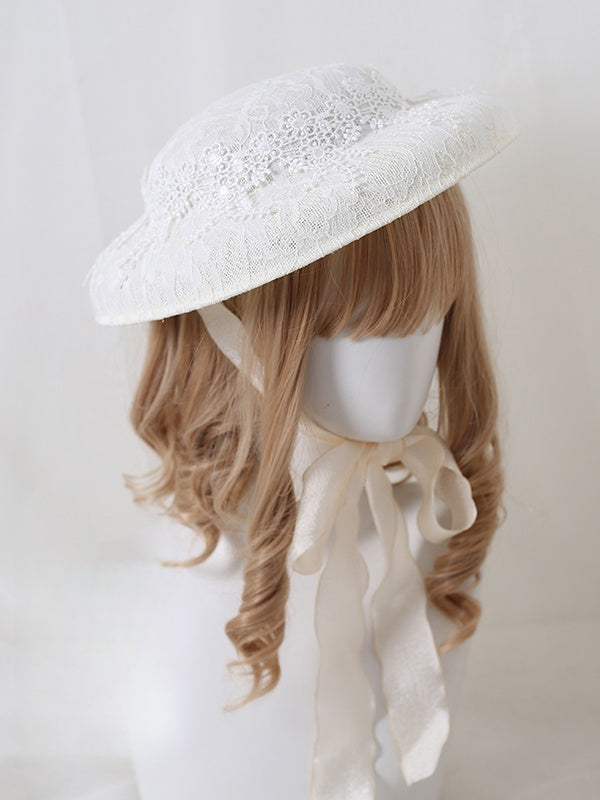 / Lolita Flat Black White Hat Vintage Linen