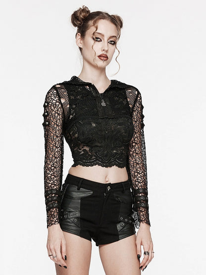 Hooded Punk Jacket Mesh Black Ripped Short