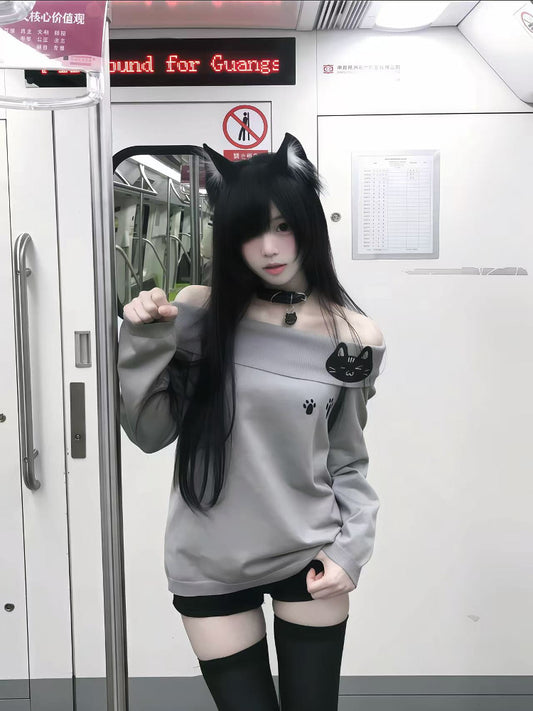 Paw with Off-the-Shoulder and Gray Embroidery Sweater Kitten