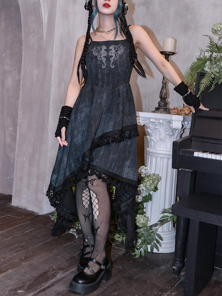 Dress Asymmetrical Tassel Hem Seahorse and Coral Embroidery Style Cami Black Cheongsam