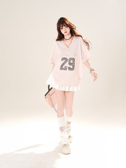 Pink Beaded Letter Leopard Pattern Number V-Neck T-Shirt
